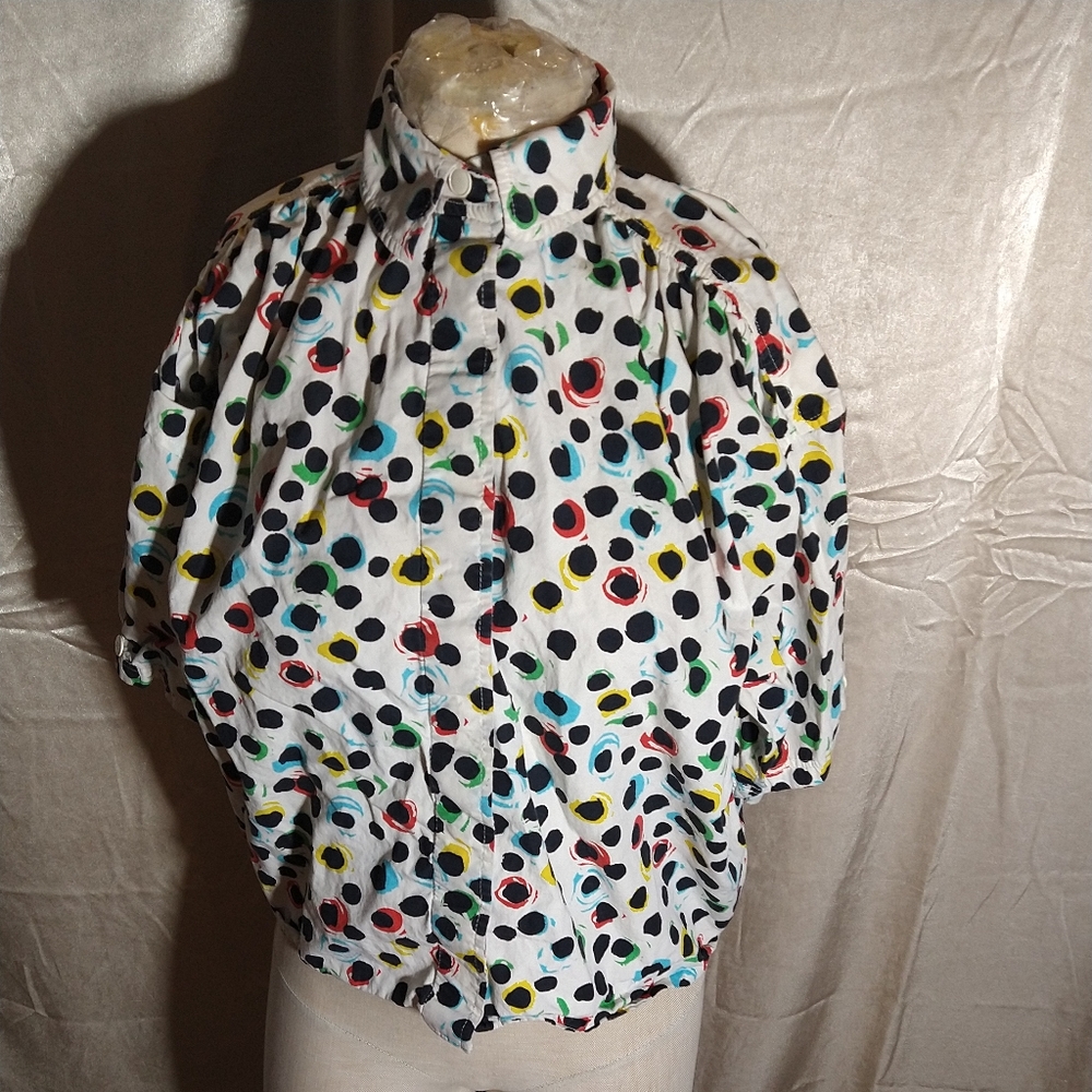 Vintage 60s 70s Ungaro Rainbow and Black Polka Dot Short Sleeve Bubble Blouse..
